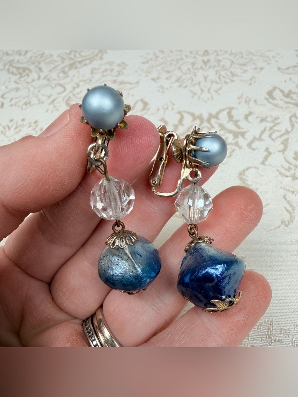 Vendome Vintage Signed Blue Pearl Drop Clip-On Earrings, Statement